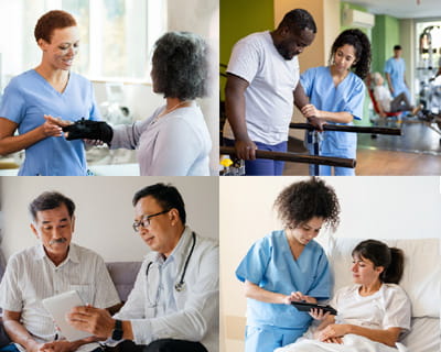 Una cuadrícula de cuatro imágenes de profesionales de la salud en consulta con pacientes en diferentes etapas de su recuperación.